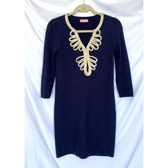 Lilly Pulitzer Delvin Navy Blue Merino Wool Sweater Dress, Gold Embroidery, XS - Picture 2 of 6